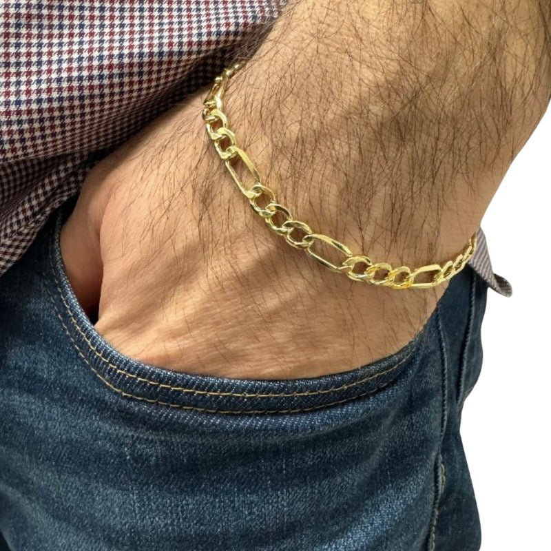 Pulseira Prata 925 Dourada 18k Figaro 3x1 Maciça - 5mm