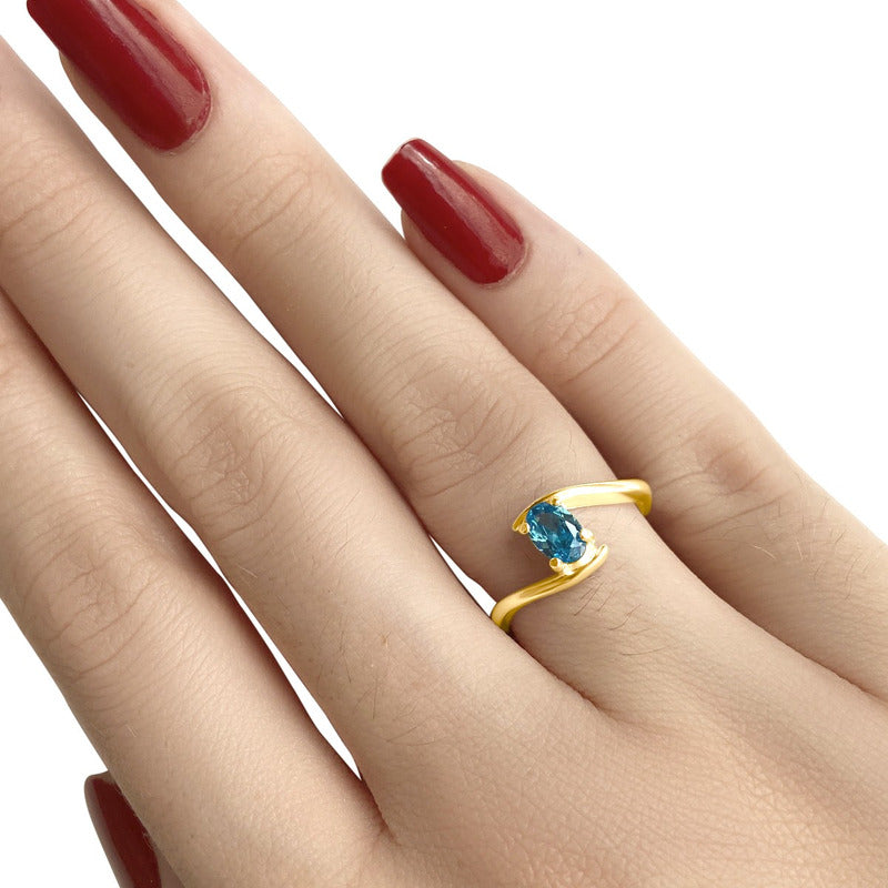 Anel Miami Prata 925 Dourada Ouro 18k - Topázio Azul