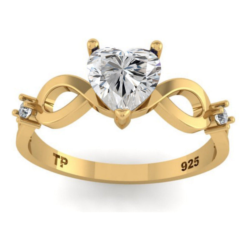 Anel Prata 925 Dourada 18k Infinito Amor Coração - Zircônia