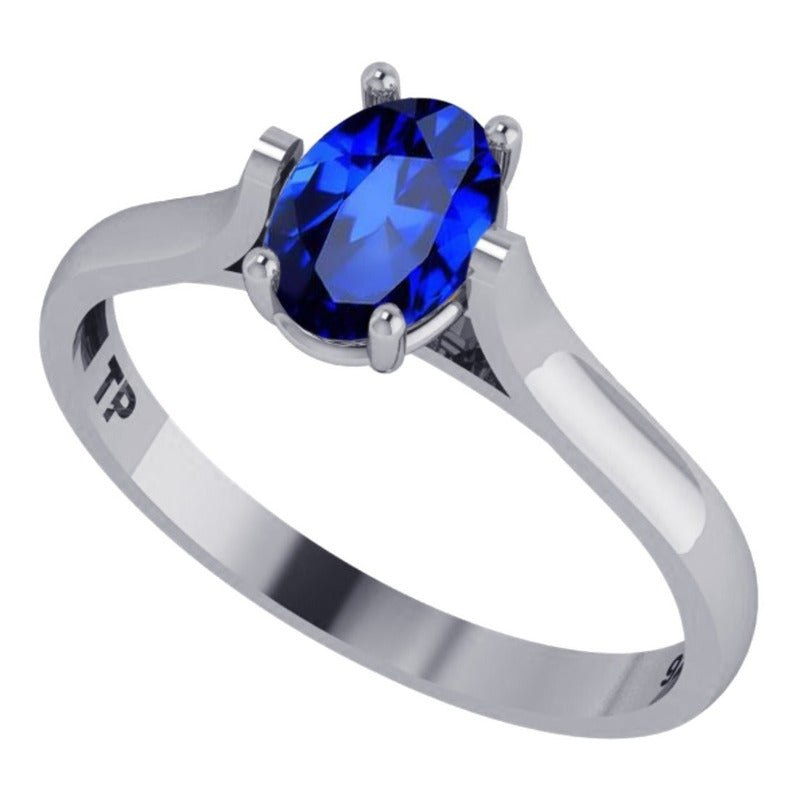 Anel Solitário Prata 925 Safira Azul Oval - Exclusivo