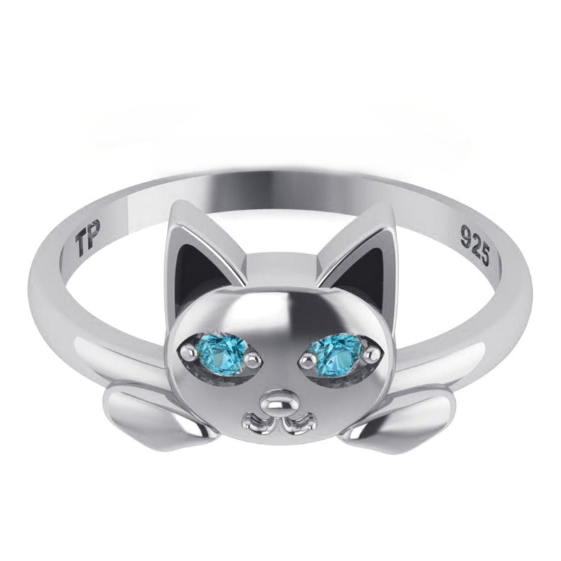 Anel Gatinho Olhos Topázio Azul Pura Prata 925 - Exclusivo