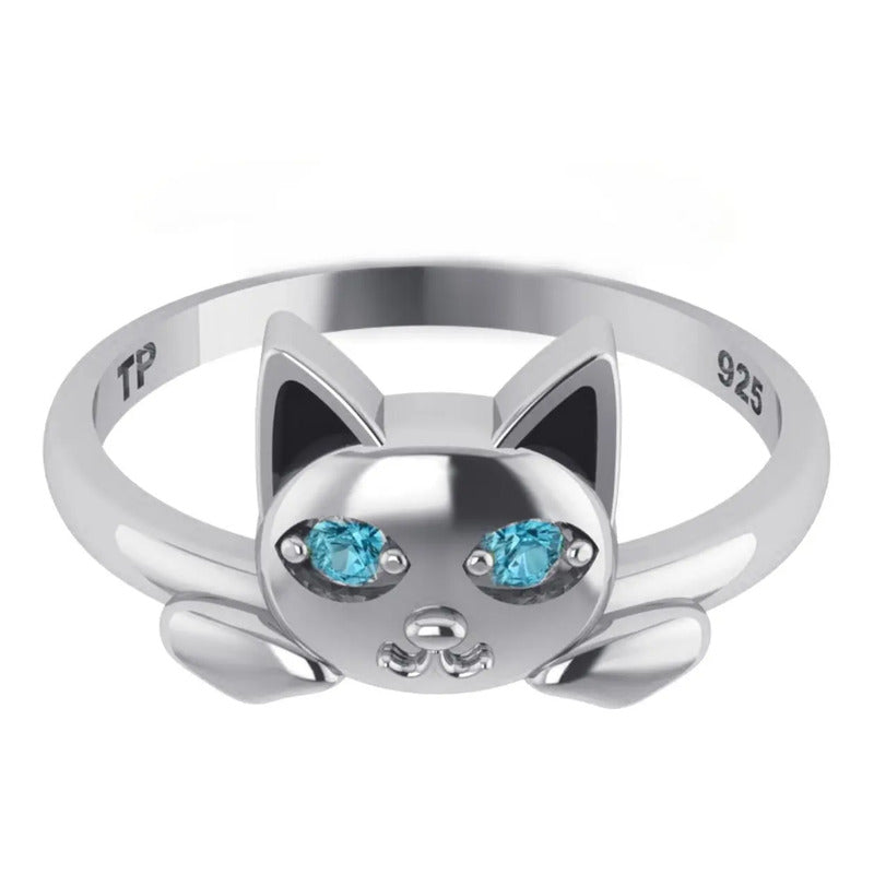 Anel Gatinho Olhos Topázio Azul Prata 925 - Exclusivo