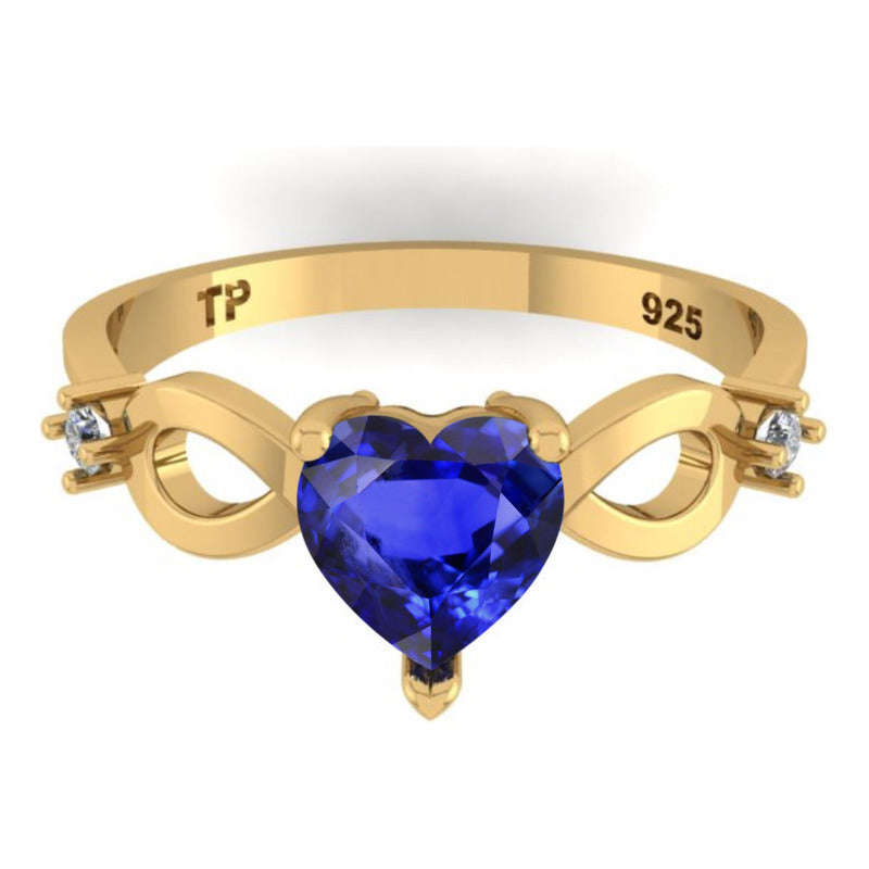 Anel Prata 925 Dourada 18k Infinito Amor Coração - Safira