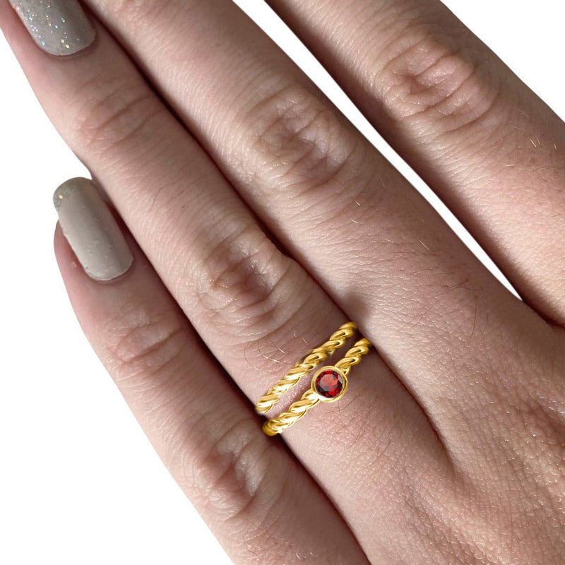 925 Silver 18k Gold Twisted Double Ring - Garnet