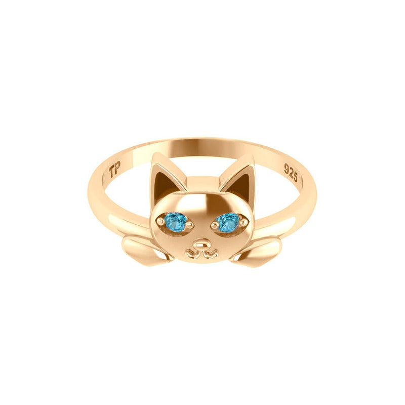 Anel Gatinho Olhos Topázio Azul - Prata 925 Dourada 18k