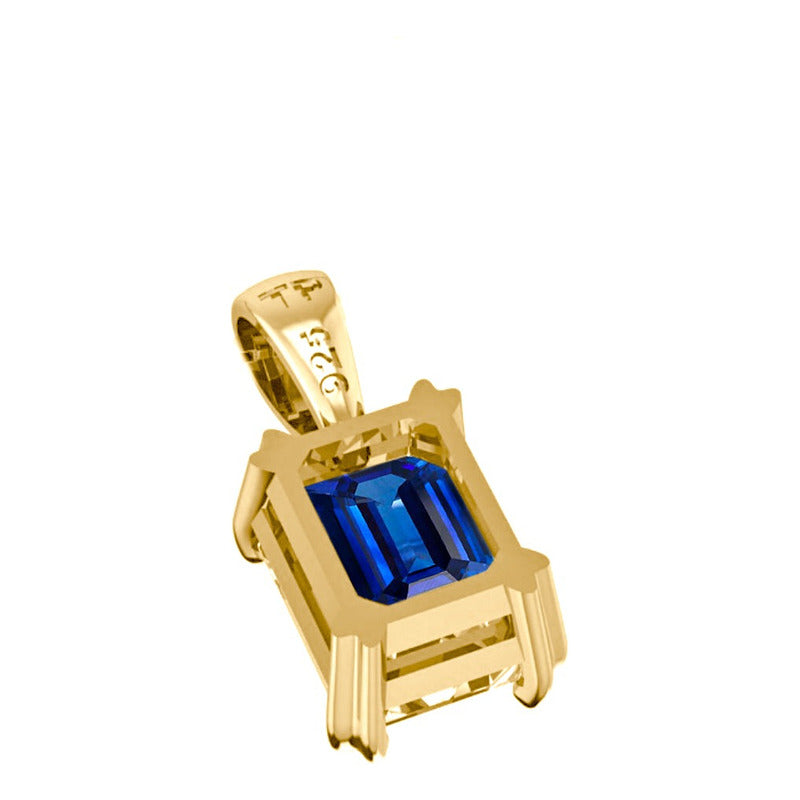 Pingente Retangular Prata 925 Dourada 18k - Safira Azul