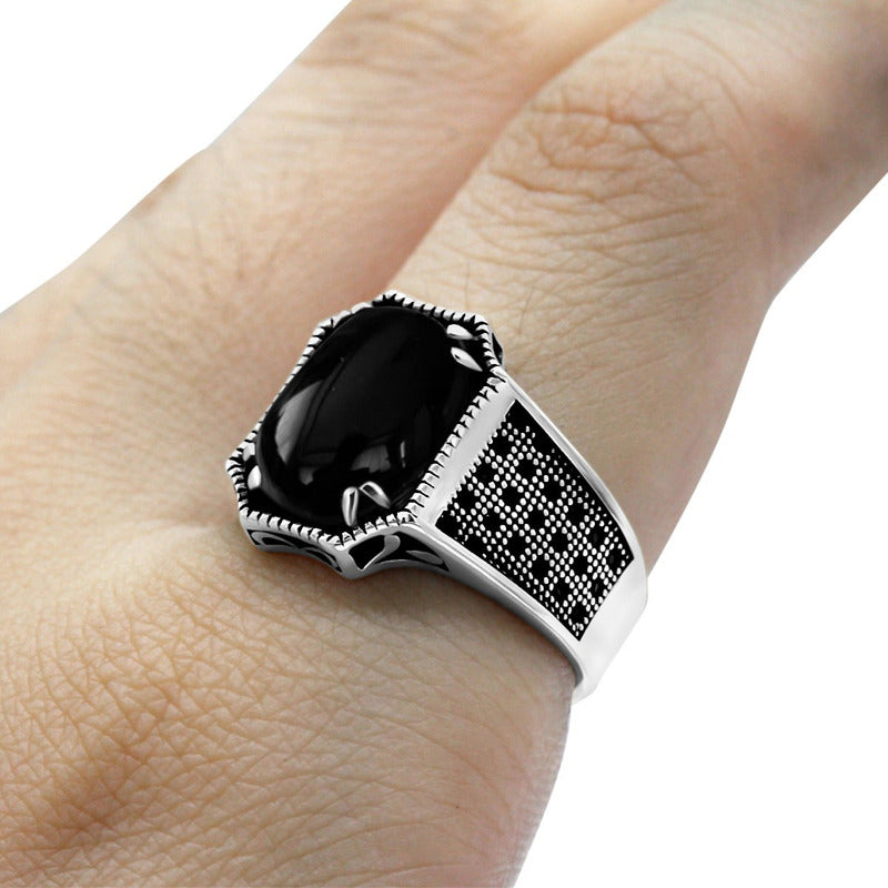 Anel Prata 925 Black Ônix Natural Cabochão Exclusivo