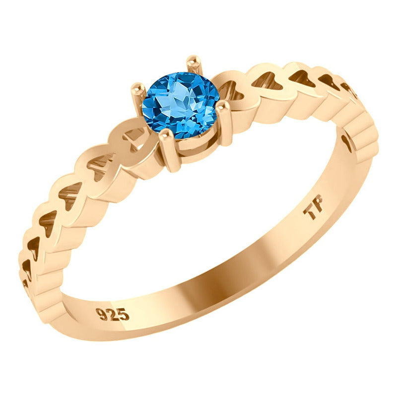 Anel Luxo Corações Prata 925 Dourada Ouro 18k - Topázio Azul