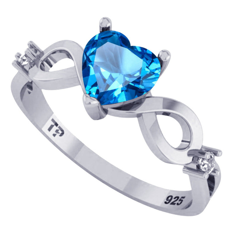 Anel Prata 925 Infinito Amor Coração - Topázio Azul