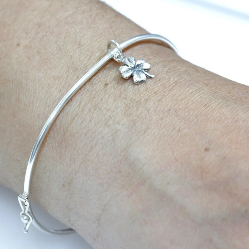 Pulseira Bracelete Rígido Prata 925 - Trevo Da Sorte 19 Cm