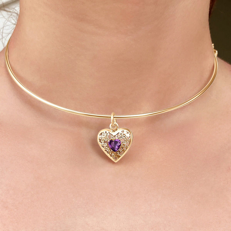 Colar Choker Coração Ametista Prata 925 Dourada 18k