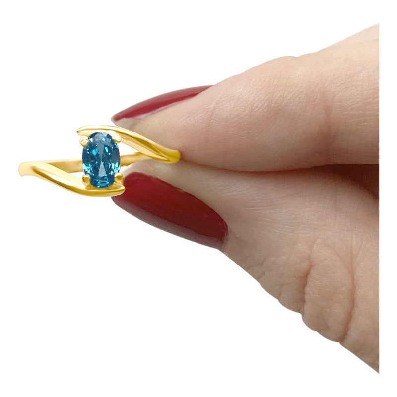 Anel Miami Prata 925 Dourada Ouro 18k - Topázio Azul