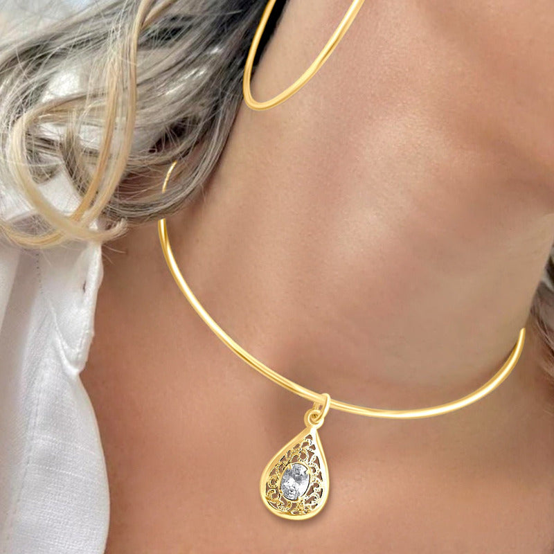 Colar Choker Filigrana Prata 925 Dourada 18k - Zircônia Gota