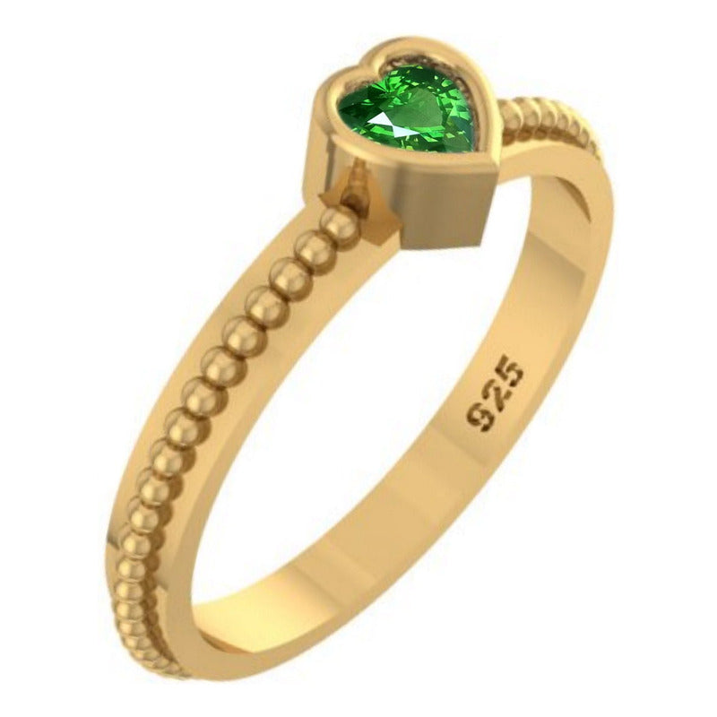 Anel Prata 925 Dourada 18k Solitário Coração - Esmeralda