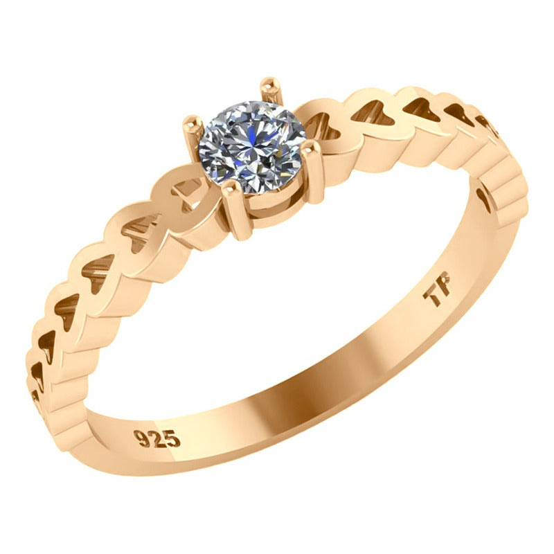 Anel Luxo Corações Prata 925 Dourada 18k Zircônia