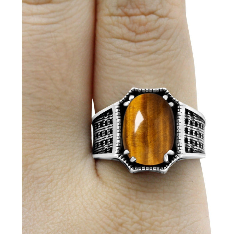 Anel Prata 925 Olho De Tigre Natural Cabochão Exclusivo