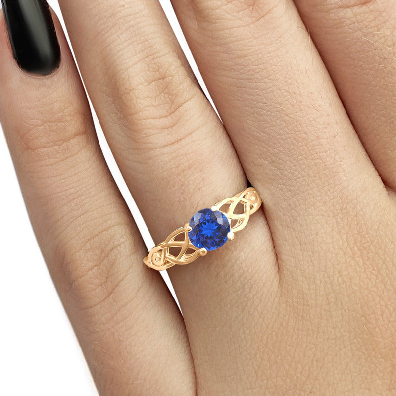 Anel Solitário Celta Knot Prata 925 Dourada 18k - Safira