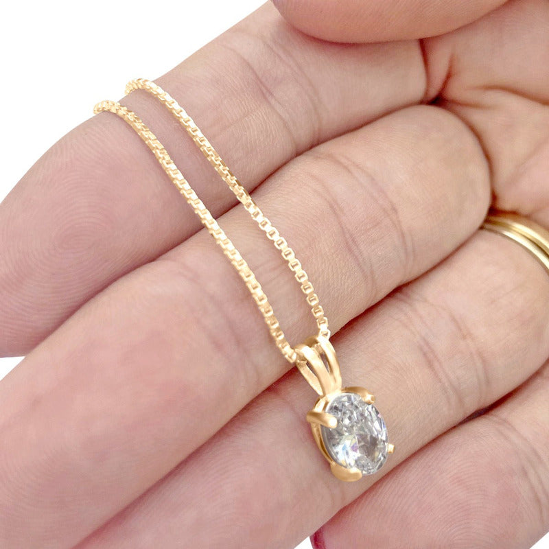 Colar Pingente Oval Prata 925 Dourada 18k - Zircônia