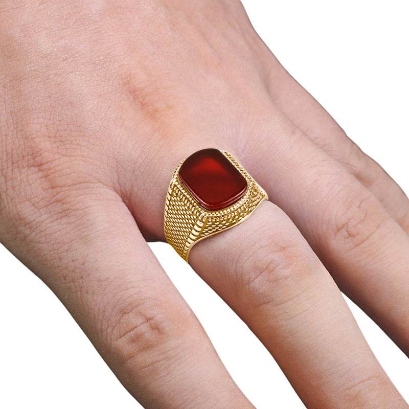 Anel Masculino Prata 925 Dourada Ouro 18k - Ágata Vermelha