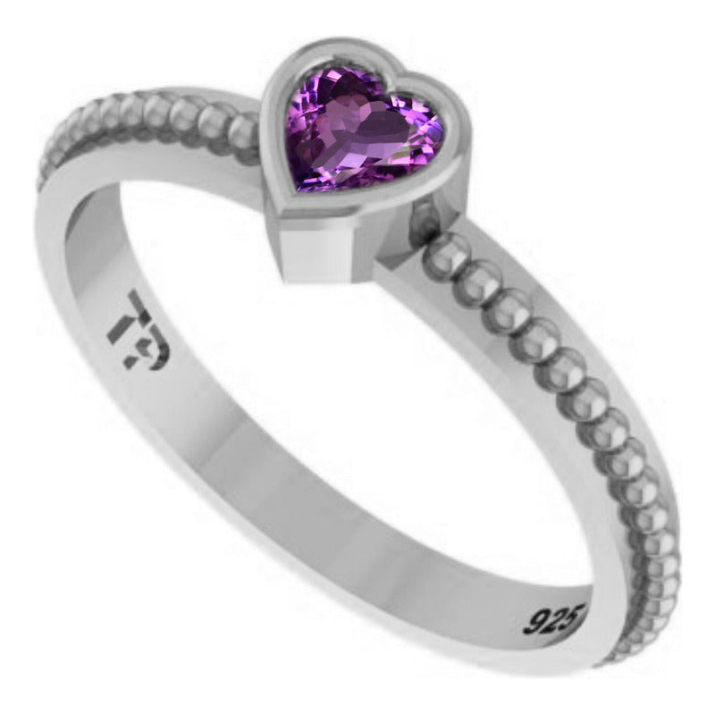 Pure 925 Silver Solitaire Amethyst Heart Ring - Exclusive