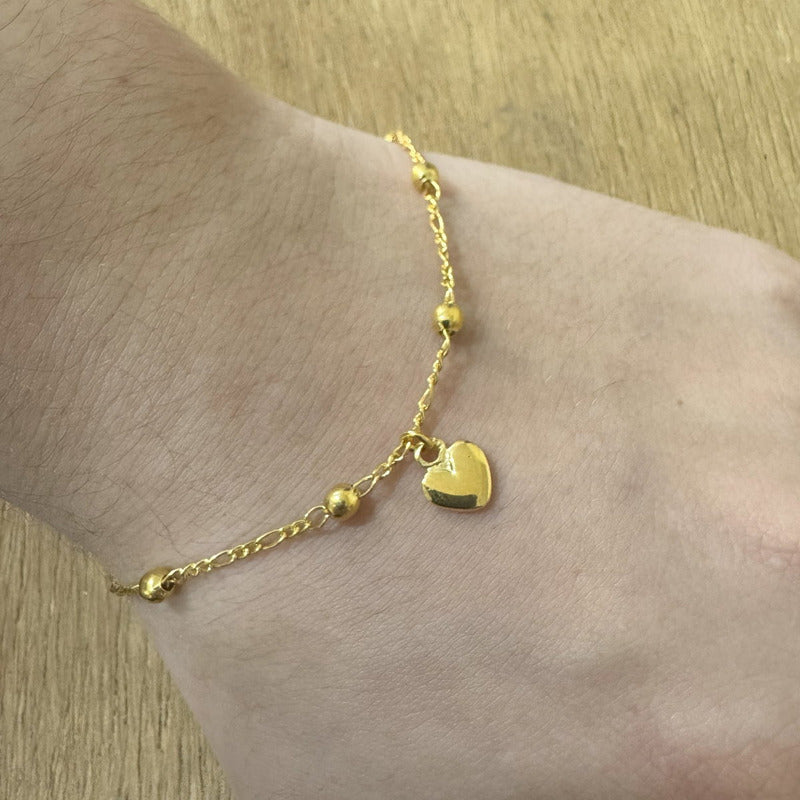 Pulseira Prata 925 Dourada 18k Bolinha 3mm- Pingente Coração