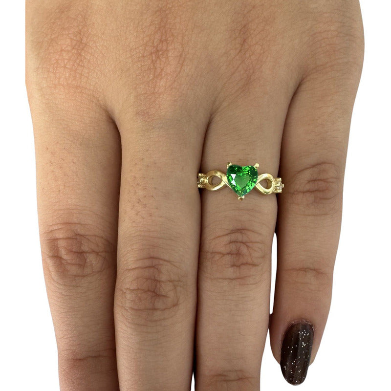 Anel Prata 925 Dourada 18k Infinito Amor Coração - Esmeralda