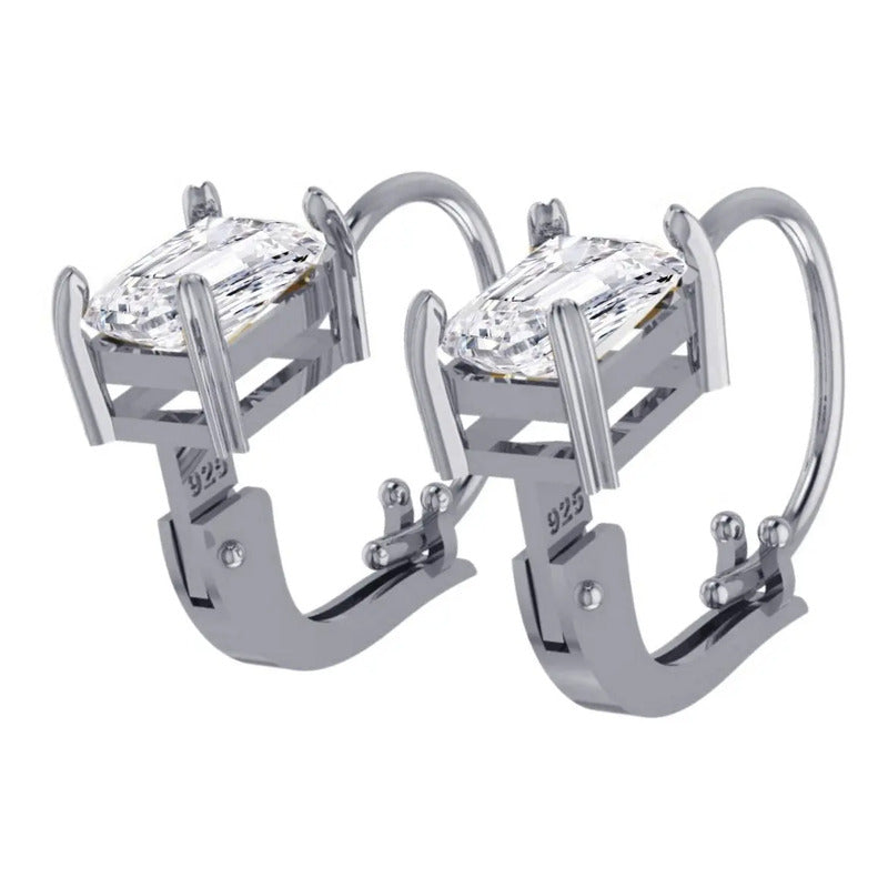 Brinco Trava Pura Prata 925 Zirconias Retangular - Exclusivo Branco