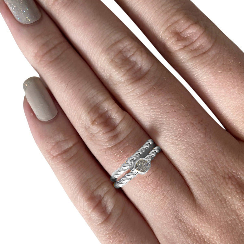 Anel Duplo Prata 925 Solitário Torcido Zirconia - Exclusivo