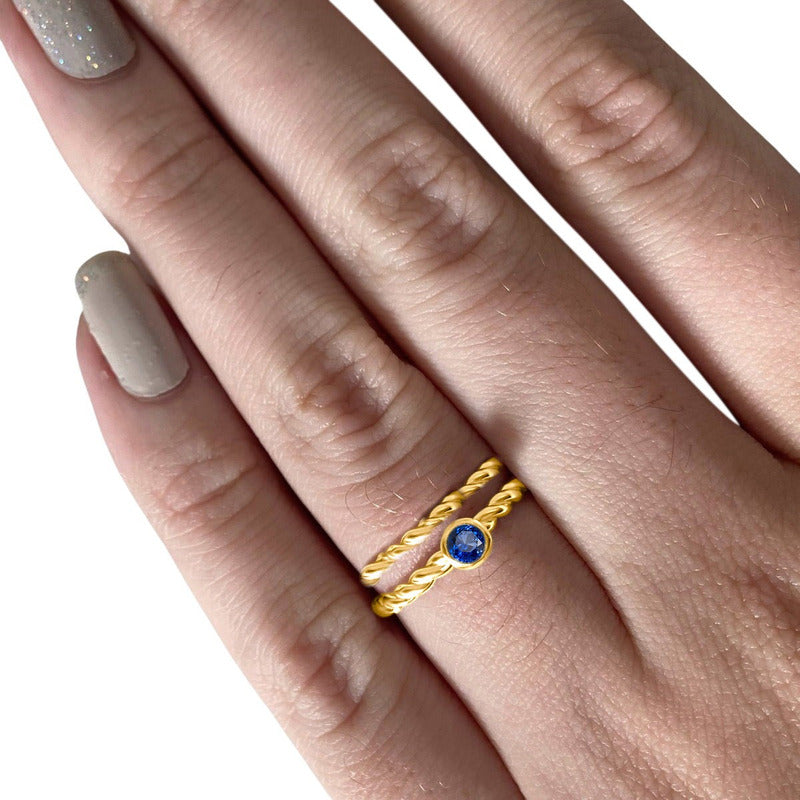 Anel Duplo Prata 925 Dourada 18k Torcido - Safira Azul