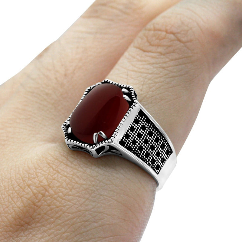 Anel Prata 925 Ágata Vermelha Natural Cabochão Exclusivo