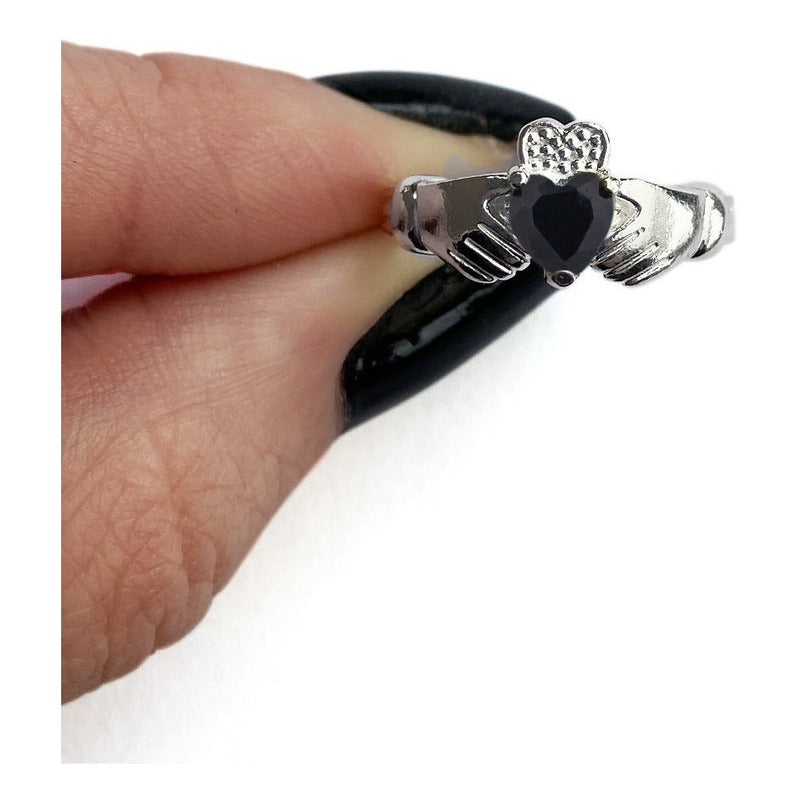 Anel De Prata 925 Claddagh Black Ônix - Unissex