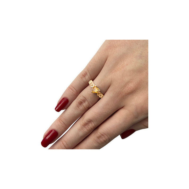 Anel Luxo Coração Prata 925 Dourada A Ouro 18k - Citrino