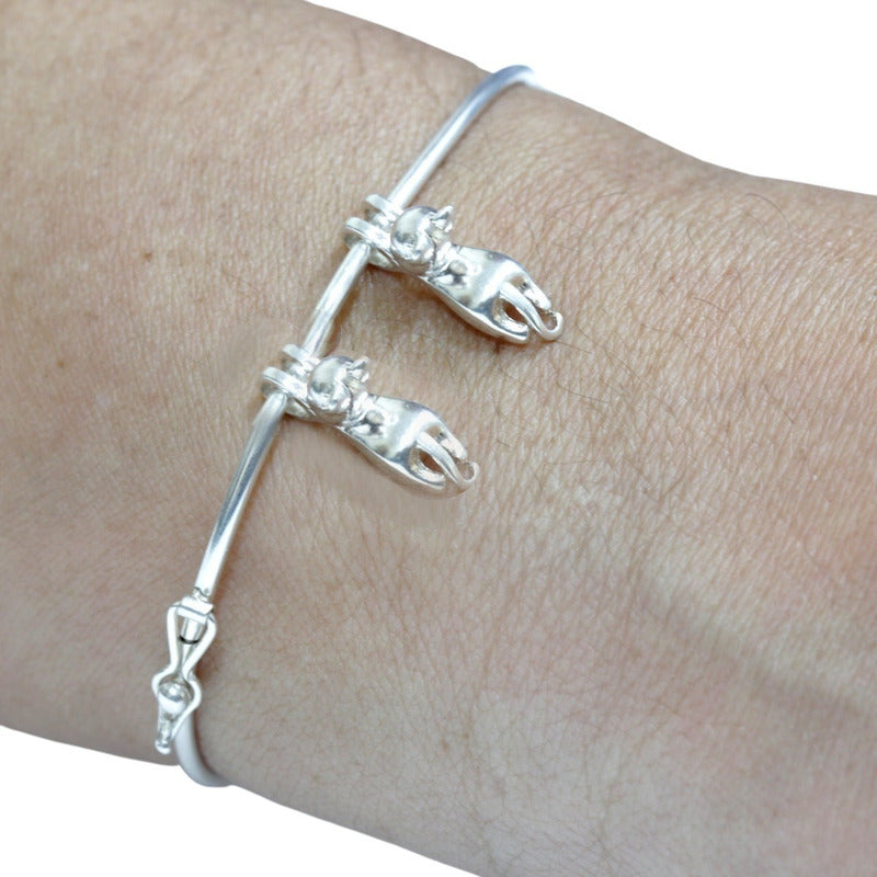 Pulseira Bracelete Rígido Prata 925 - Pingentes 2x Gatinhos