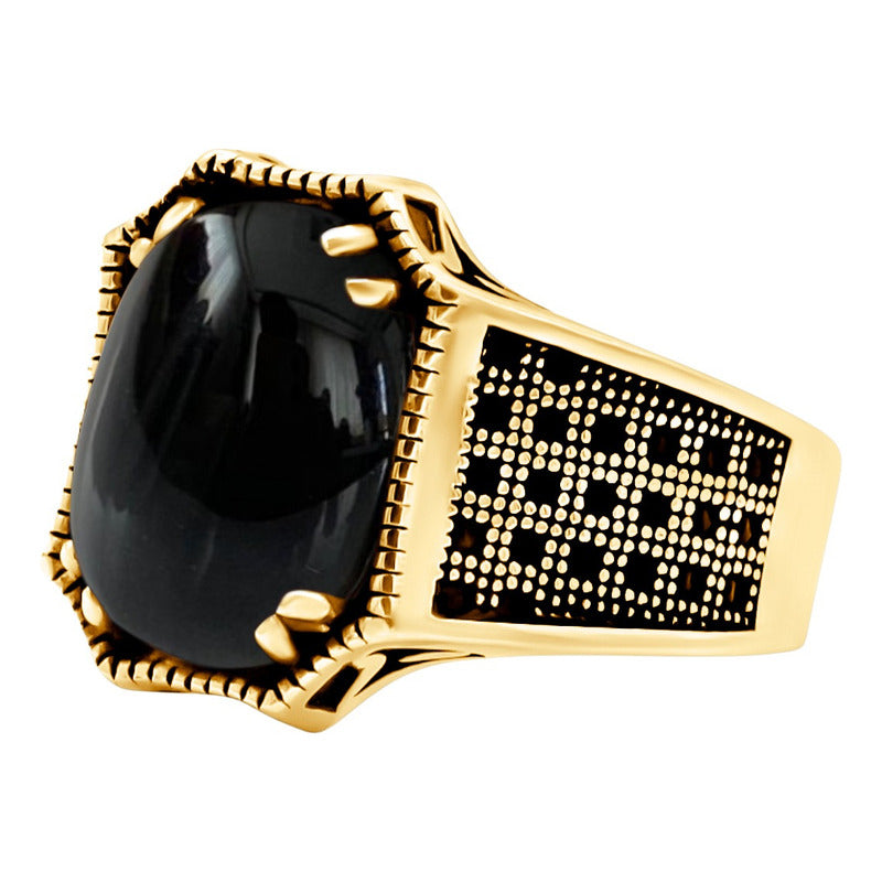 Anel Cabochão Prata 925 Dourada Ouro 18k- Black Ônix Natural