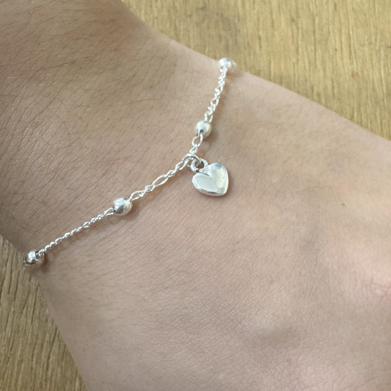 Pulseira Prata 925 Bolinha 3mm - Pingente Coração