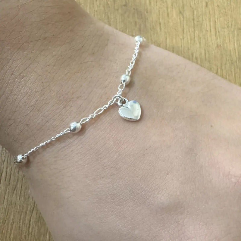 Pulseira Prata 925 Bolinha 3mm - Pingente Coração Prata 18 Cm