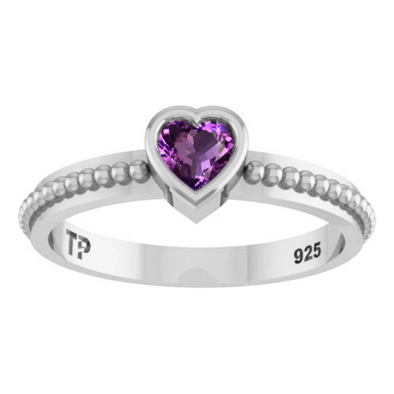 Pure 925 Silver Solitaire Amethyst Heart Ring - Exclusive