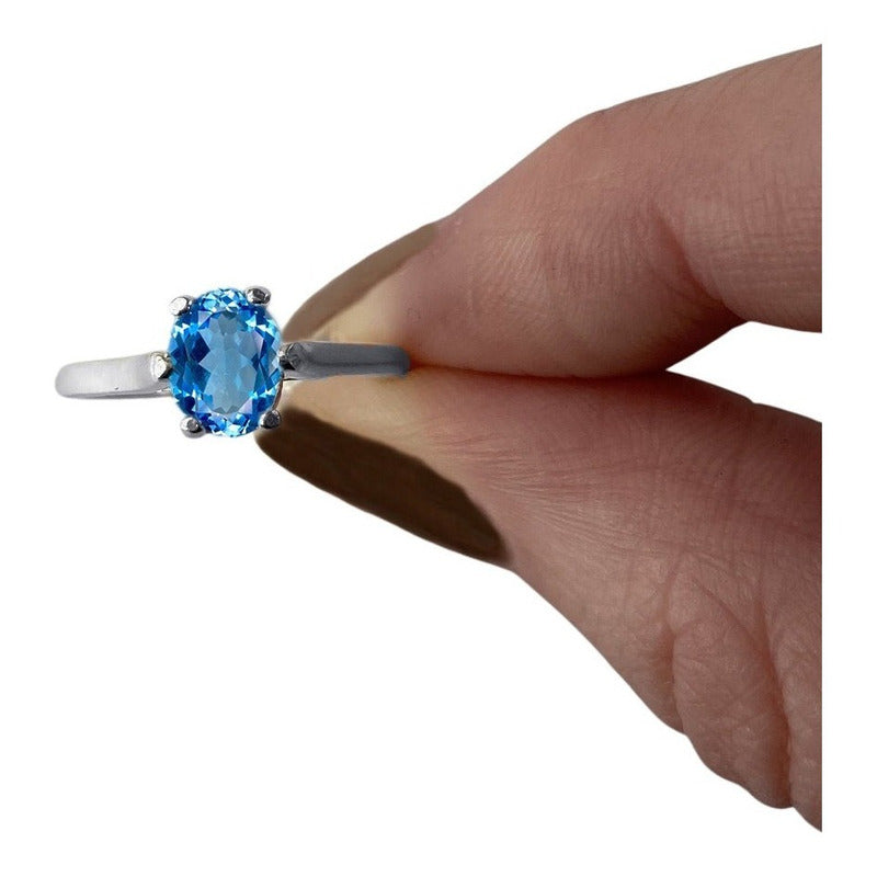 Anel Solitário Prata 925 Topázio Azul Oval - Exclusivo