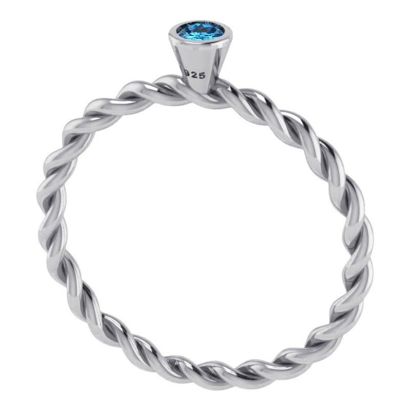 Anel Prata 925 Solitário Torcido Topázio Azul - Exclusivo