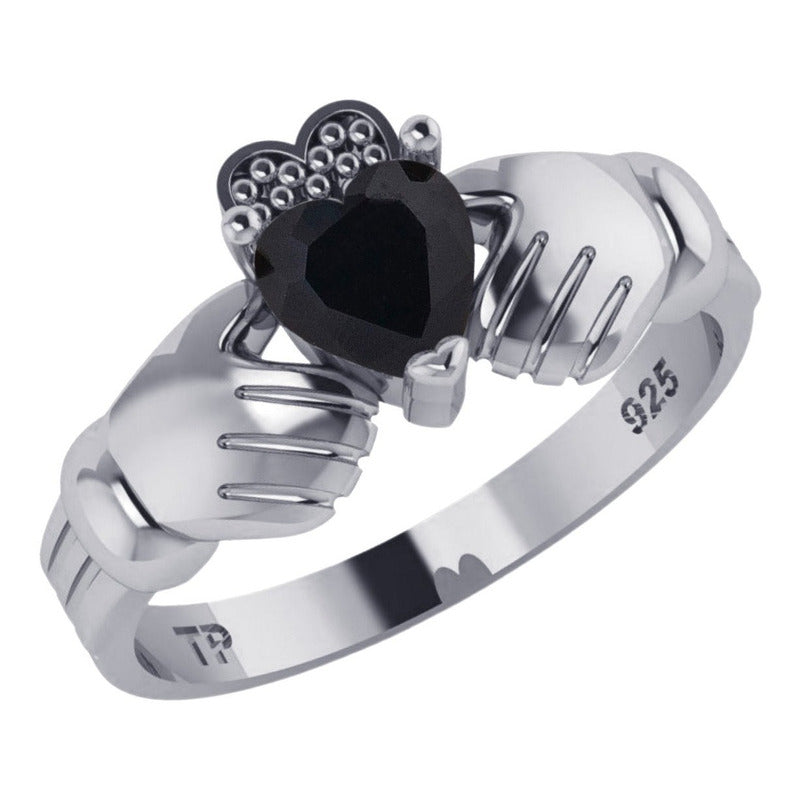 Anel De Prata 925 Claddagh Black Ônix - Unissex