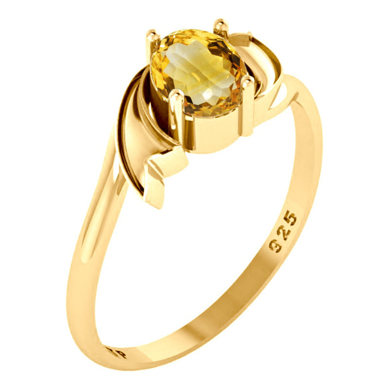 Anel Wings Prata 925 Dourada Ouro 18k - Citrino Oval