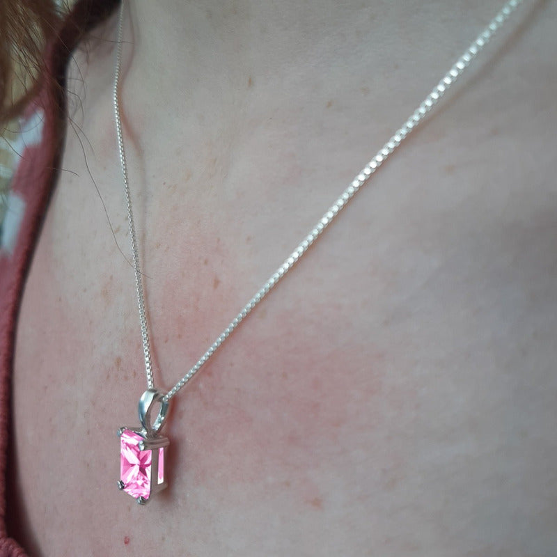 Colar Prata 925 Retangular Safira Rosa - Exclusivo