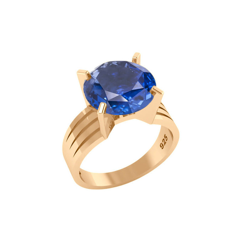 Anel Solitário Prata 925 Dourada 18k - Safira Grande