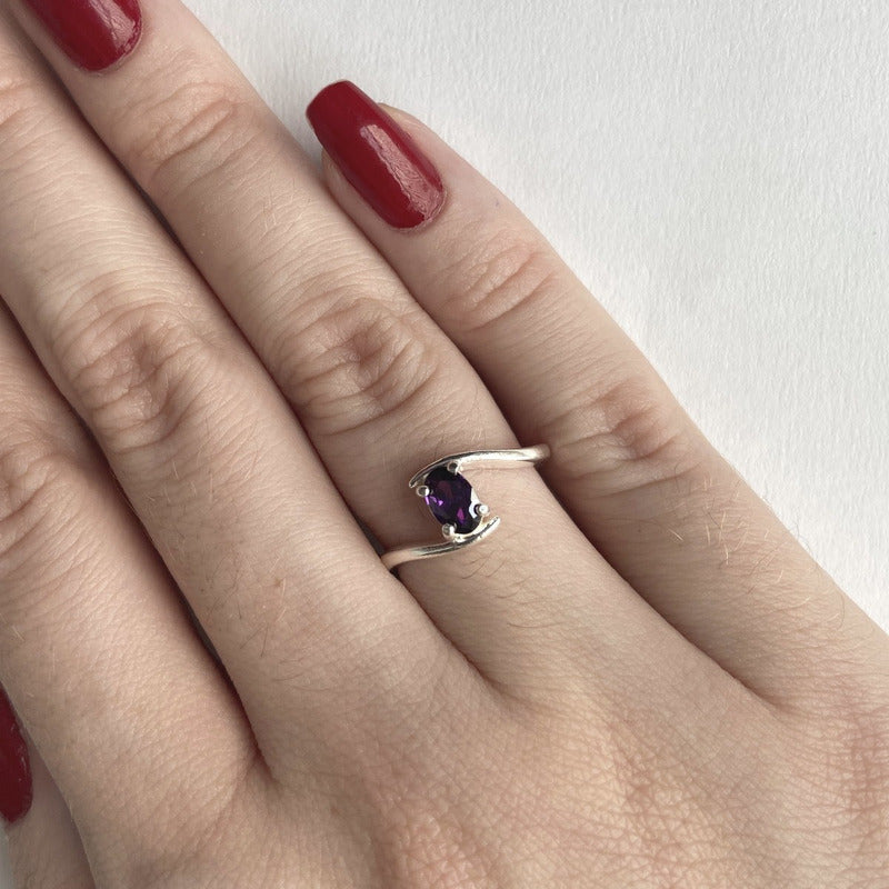 Anel De Prata 925 Solitário Miami Zirconia Roxa- Feminino