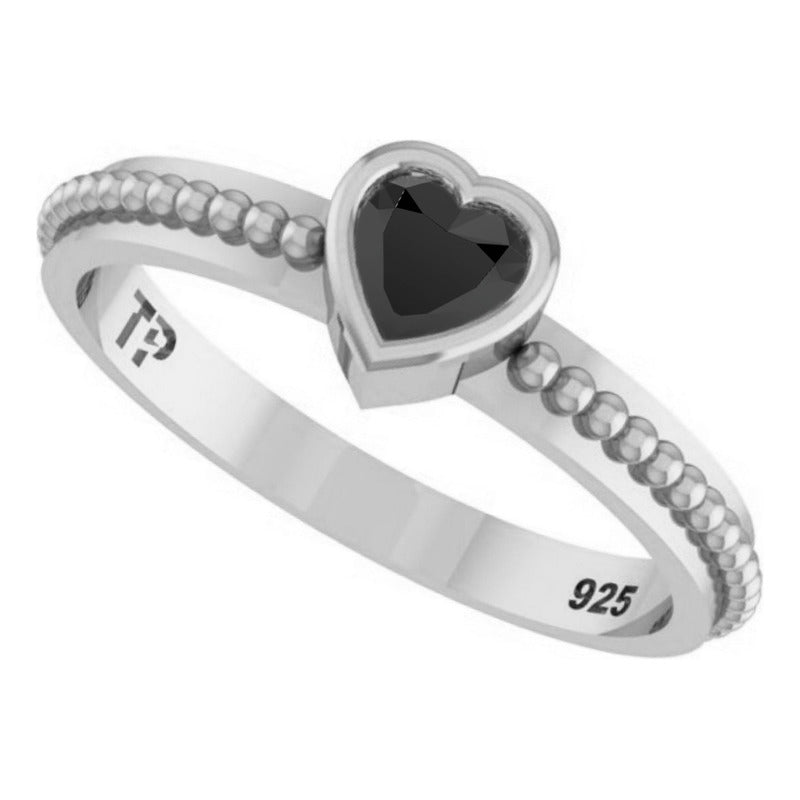 Anel De Prata 925 Solitário Coração Black Onix - Exclusivo