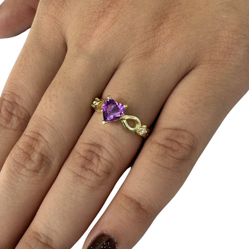 Anel Prata 925 Dourada 18k Infinito Amor Coração - Ametista