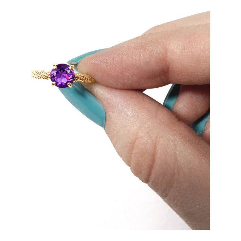 Anel Solitário Torcido Ametista Prata 925 Dourada Ouro 18k