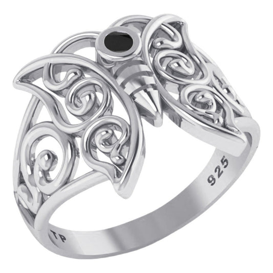 Anel Borboleta Celta De Pura Prata 925 Black Onix- Exclusivo