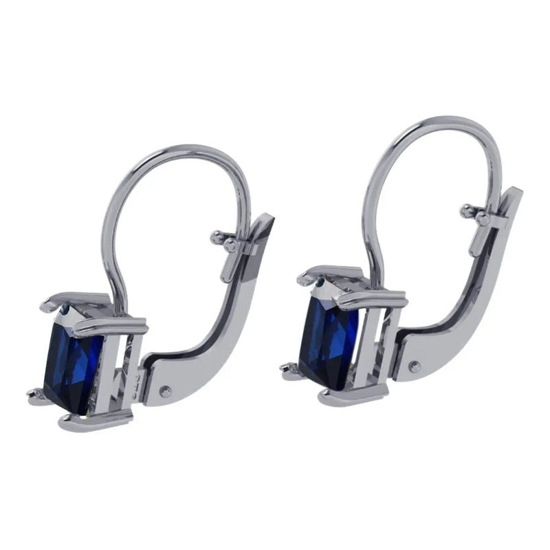 Brinco Trava Pura Prata 925 Safiras Retangular - Exclusivo Azul-escuro