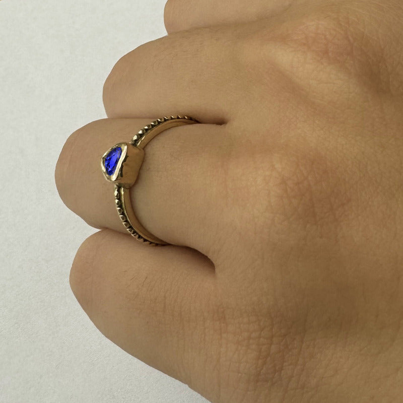 Anel Prata 925 Dourada 18k Solitário Coração - Safira